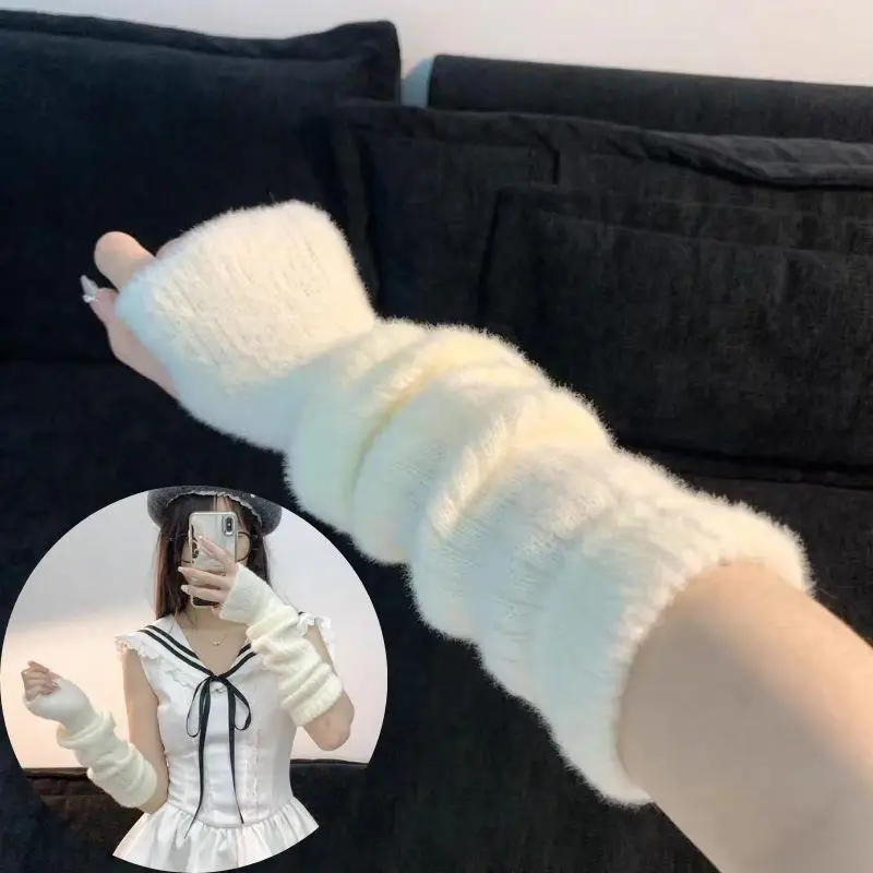 Y2K Christmas Plush White Arm Sleeve Winter Warm knitted Fingerless Gloves for Women Stacked Half Sleeves Punk Arm Warmer