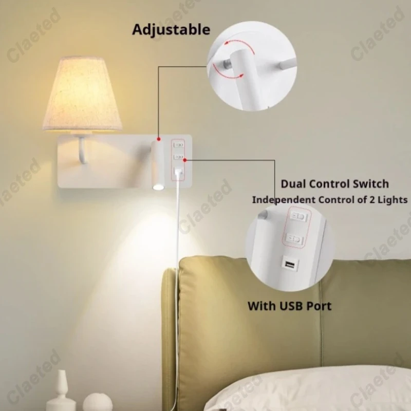 LED Wall Lamp Modern with Touch Switch USB Port Bedside Bedroom Hotel Reading Light Room Decor Indoor Sconce Lighting Fixture view 3