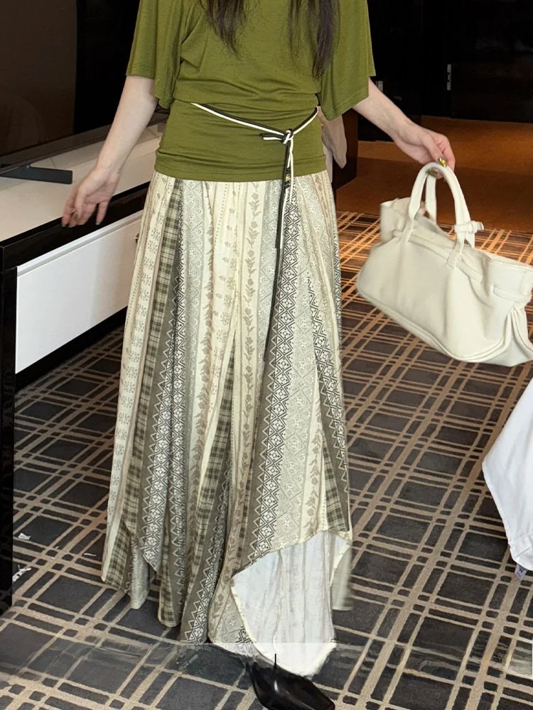 

Юбка миди А-силуэта с высокой талией и цветочным принтом, женская летняя свободная драпированная юбка из дышащей хлопковой смеси, комфортная посадка