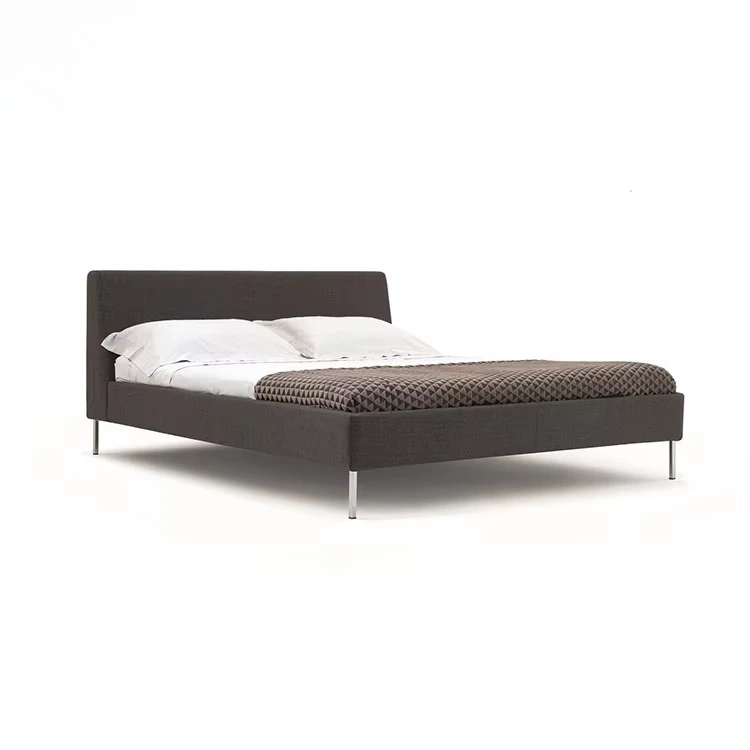 yp-Modern Low Profile Platform, Upholstered Channel Tufted Brown Linen Look Bed with Metal Legs for Bedroom and Minimalist Home-