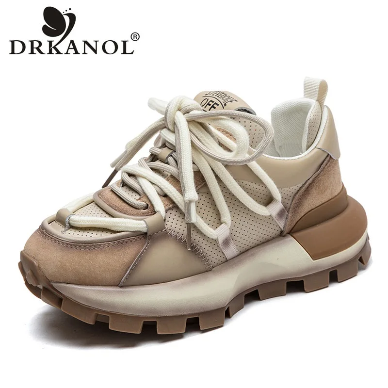 

DRKANOL Chunky Platform Sneakers Women Casual Shoes Lace-Up Mixed Colors Genuine Leather Comfort Thick Bottom Ladies Daddy Shoes