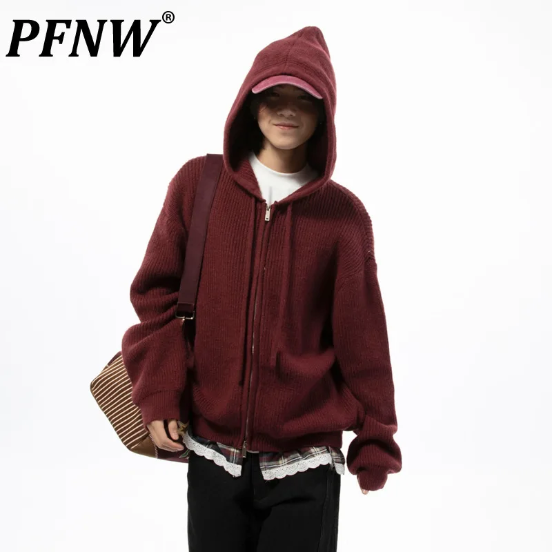 

PFNW Korean Minimalist Patchwork Hem Men's Hooded Sweater Knitted Zipper Cardigan Casual Loose Fit Autumn Winter Clothes 28W5379