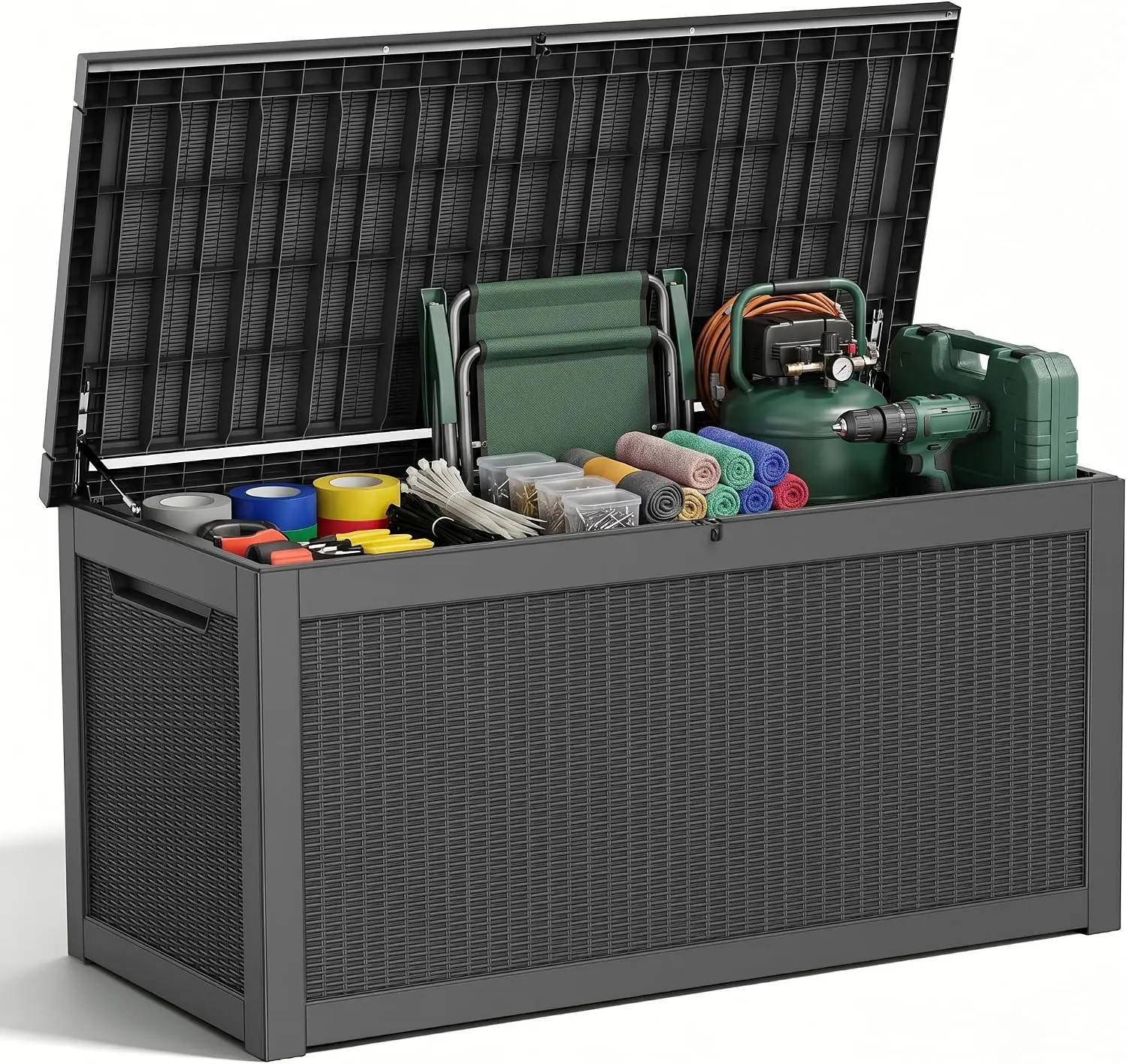 Indoor Outdoor Storage Box 320 Gallon, Large Waterproof Resin Deck Box Organizer Container With Lockable Lid Support, Heavy Duty Weather Resistant Backyard Garden Patio Cushion Cabinet, Black