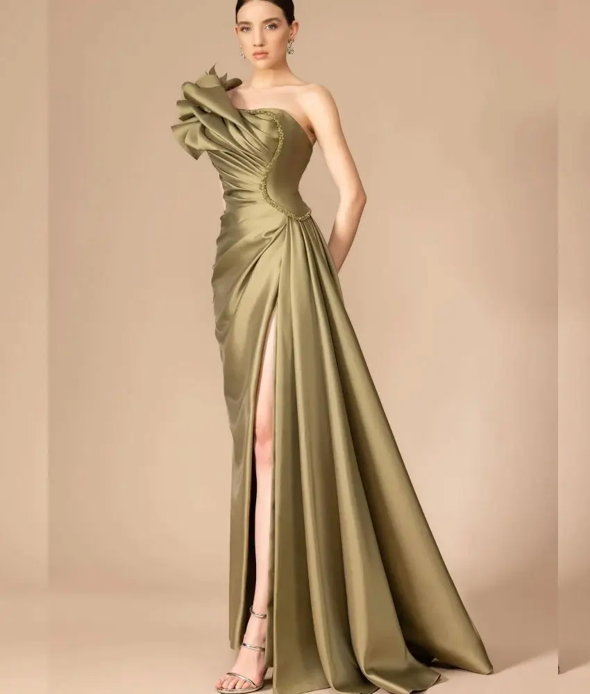 

Customized Graceful Satin Mermaid One Shoulder Sequined Crystal Ruffles Tiered Evening Dress High Quality فساتين سهرة