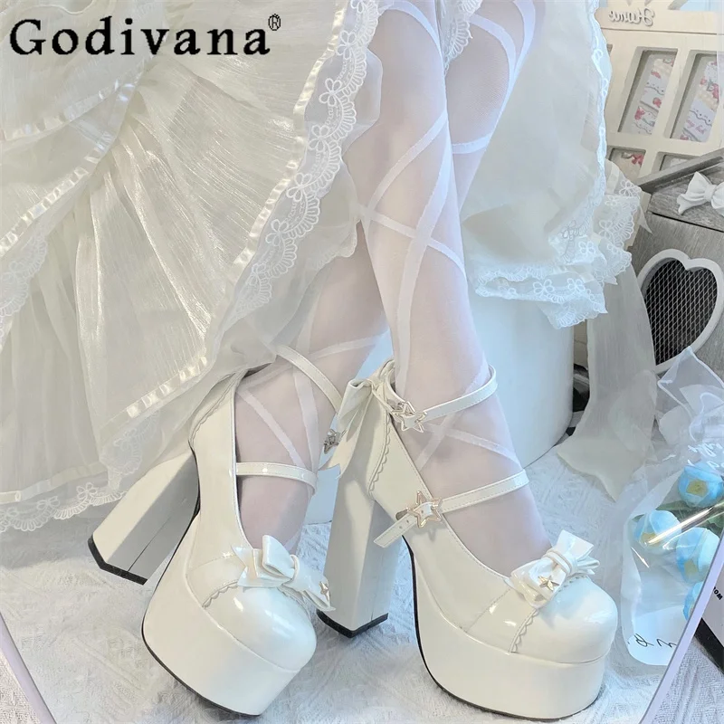 

Original High Heeled Platform Shoes Shallow Mouth Round Head Lolita Mary Jane Women's Shoes Bow Design Sweet Girls Shoes
