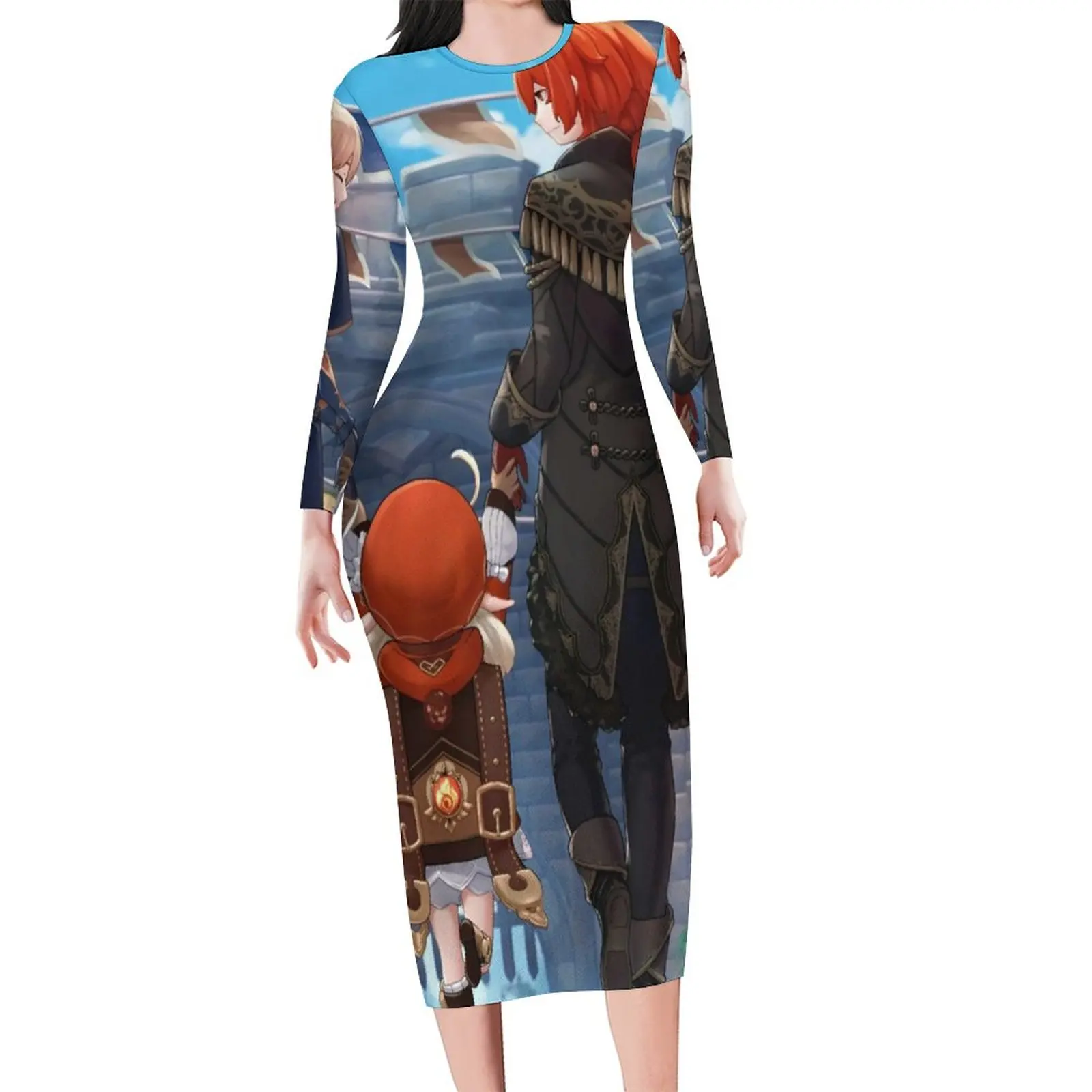 Genshin Print Bodycon Dress Spring Japanese Anime Modern Dresses Female Long Sleeve Custom Aesthetic Dress Big Size 4XL 5XL