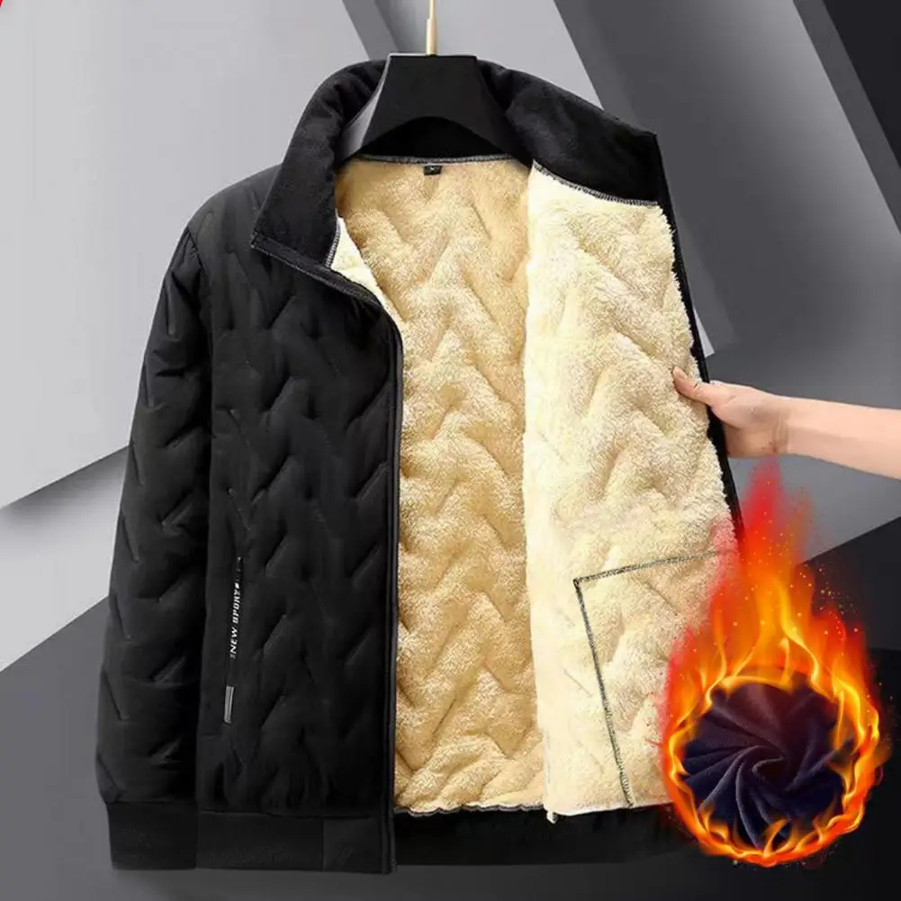 Chaqueta de manga larga con solapa para hombre, abrigo con forro de felpa, líneas en relieve, bolsillos con cremallera, prendas de vestir gruesas de Color sólido