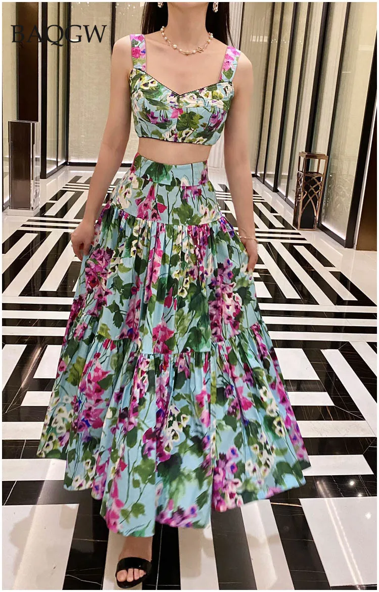 Summer Floral Print Cropped Tops and A Line Midi Skirt Dress Set Women Chic 2 Two Pieces Sets Luxury Party Beach Dress Outfits