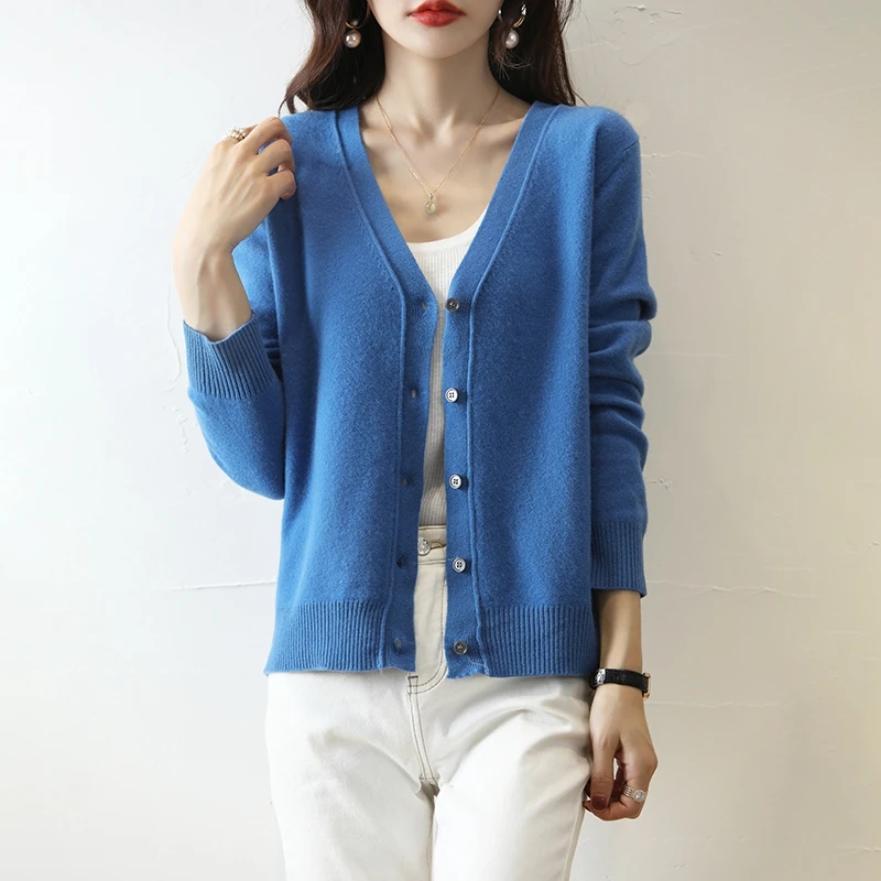 Women's Knitted Wool Cardigan Spring New Elegant Fashion V-Neck Single Breasted Sweater Long Sleeve Casual Coat Loose Chic Top