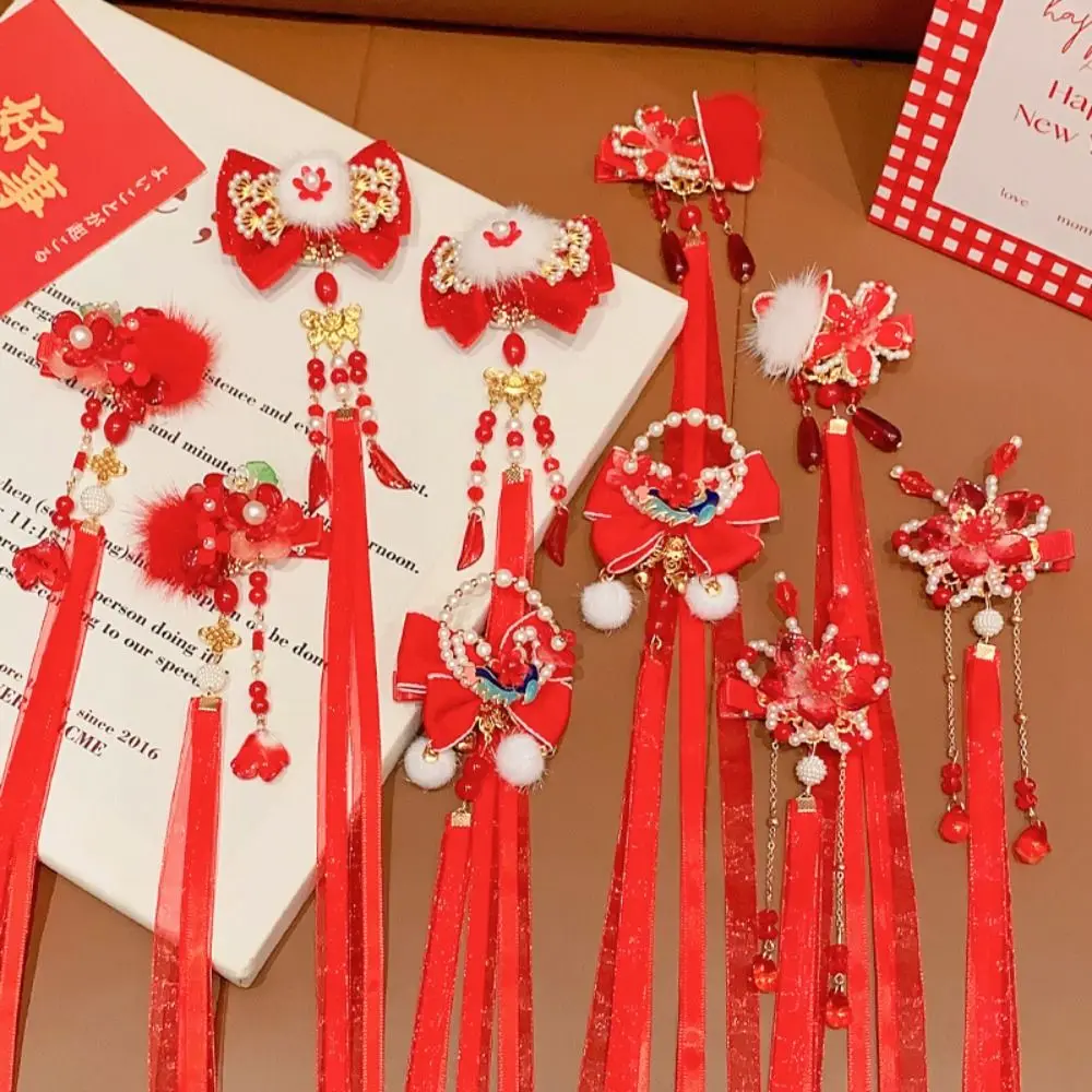 

New Year Red Bow Hair Clip Head Wear Ribbon Princess Forehead Chain Fringe Tang Suit Hair Clip Plush Ball Hairpin Decoration