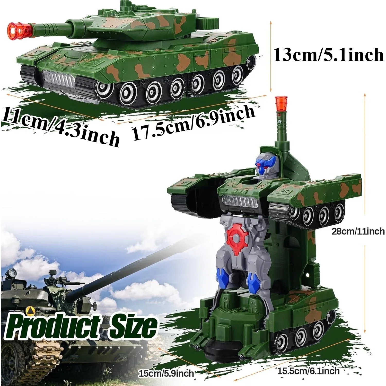 Robot Transformable Tank Toys for Kids Transforming Car Toys with Music & Light Military Army Birthday Gift for Boys Girls
