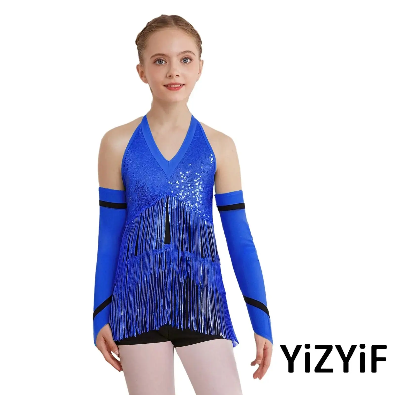

Kids Girls Ballet Dance Performance Wear Halter Sleeveless Shiny Sequins Color Block Leotard with Gloves for Jazz Latin Dance