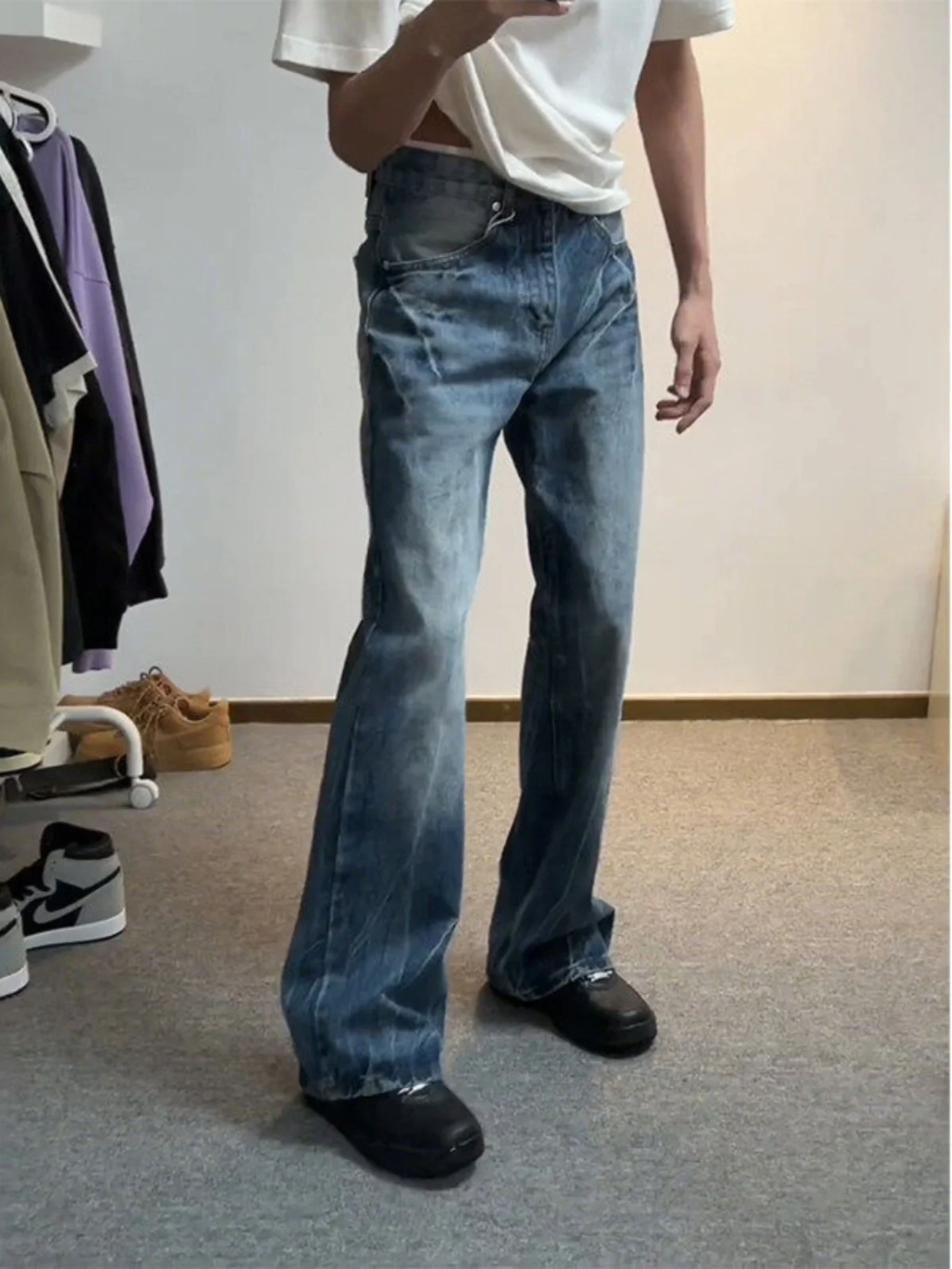 

Мужские джинсы Waed Blue с высокой талией, зауженные, слегка расклешенные, в американском стиле High Street, с весенним принтом в виде молнии, молодежные