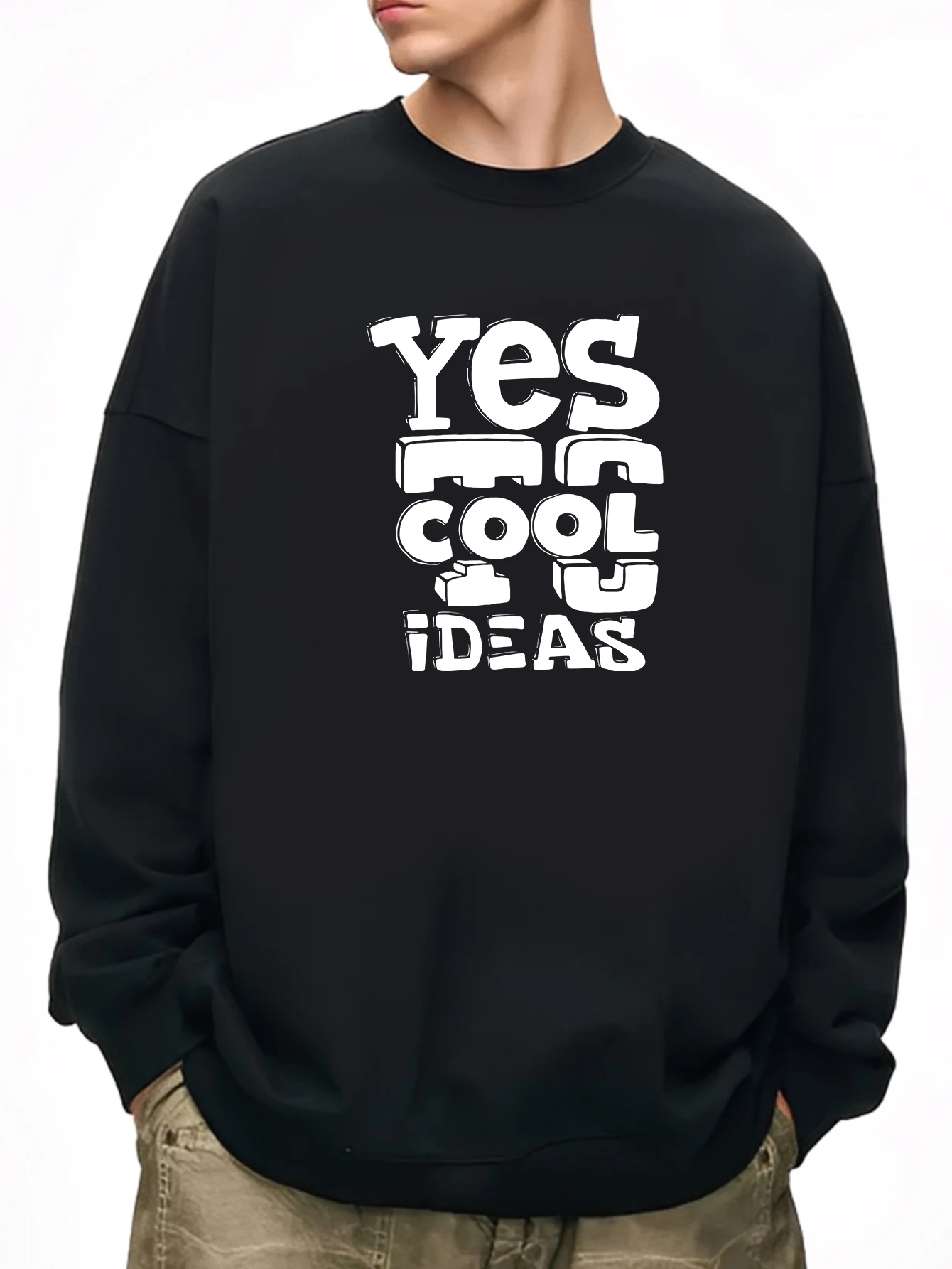 

Мужской черный свободный свитер с круглым вырезом и белым принтом "YES COOL IDEAS" — повседневный спортивный пуловер для спортзала, зима