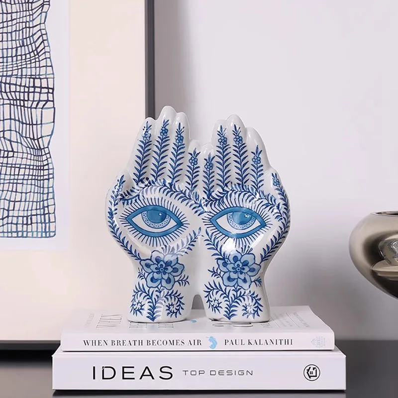 

Blue and White Porcelain Small Sculpture Ornaments Desktop Palm Handicrafts Bedroom Bookcase Eye Palm Ceramic Statue Home Decor