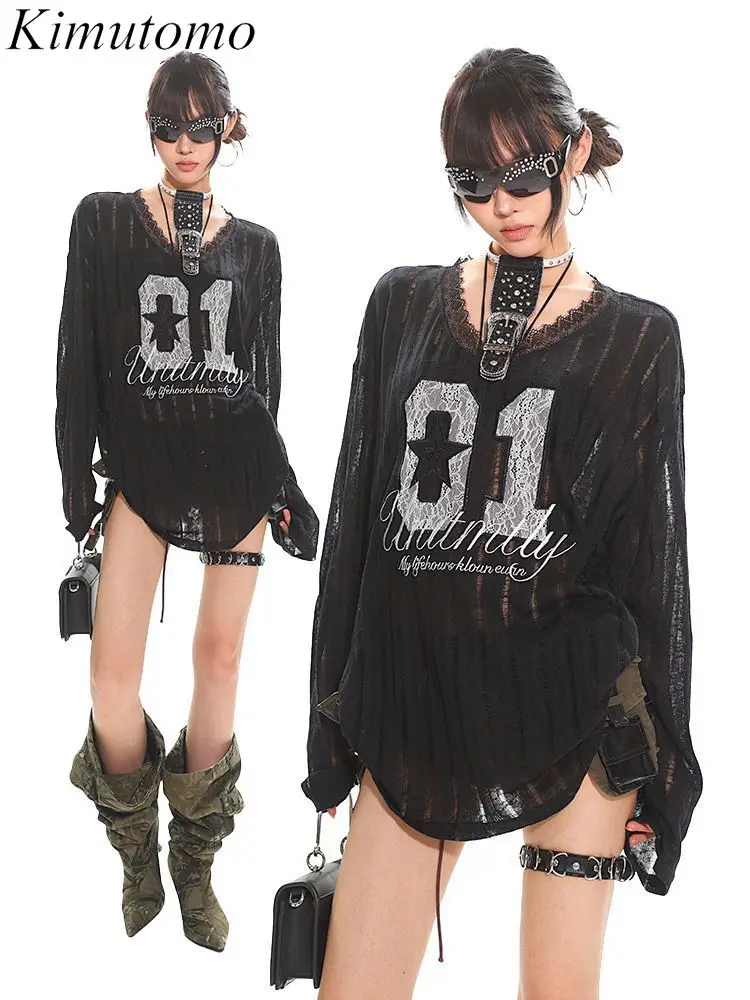 

Kimutomo Women T Shirt Sexy V Neck Lace Hollow Out Long Sleeve Patchwork Letter Printed Loose Y2k Aesthetic Autumn Tops Harajuku