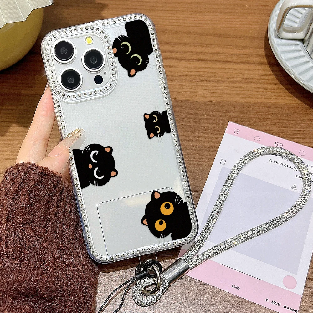 Diamond Lanyard Phone Case For iPhone 17 16 Pro Max 11 13 15 14 12 Air 17promax Transparent Shockproof Cat Painted Cover Funda