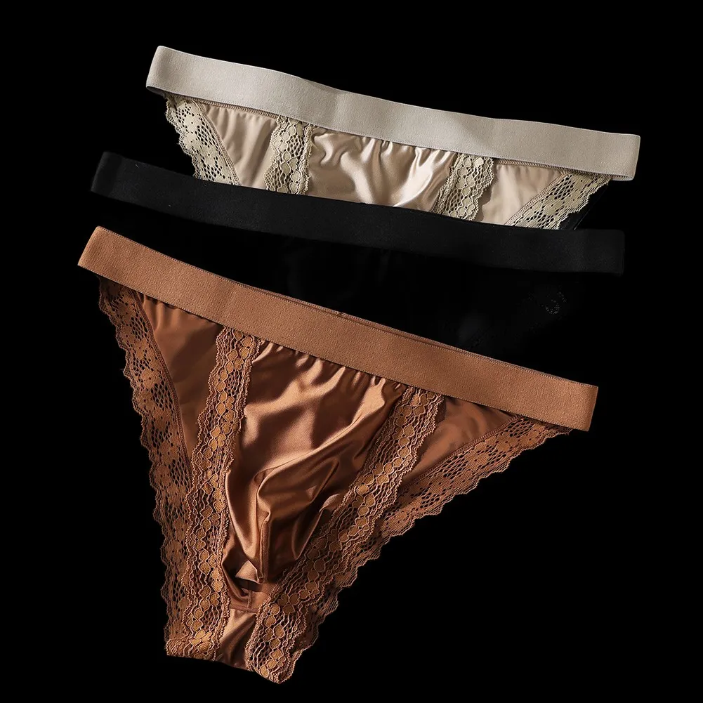 Men Glossy Lace Shiny Briefs Low Waist High Cut Hip Wrap Underwear Sexy Lingerie Panties For Daily Wear Solid Color M-2XL