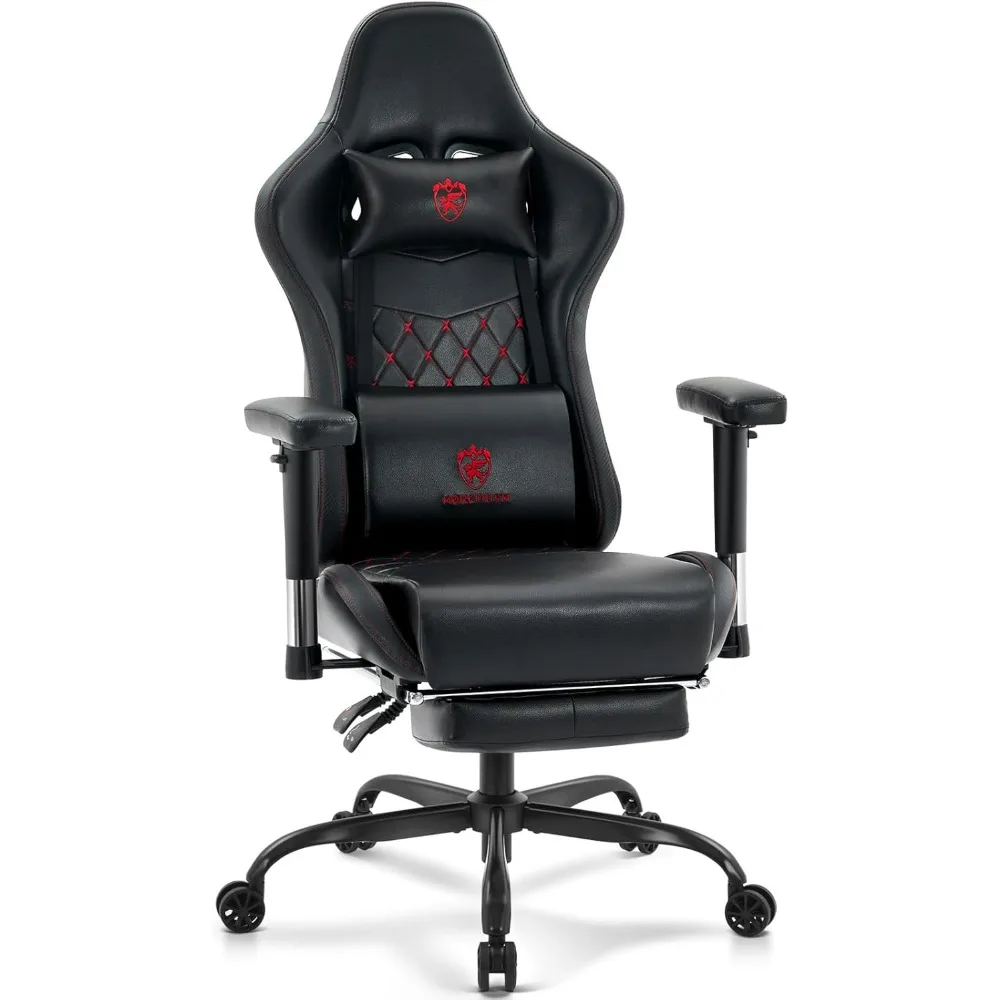 Silla gaming ergonómica de cuero con respaldo, soporte lumbar de masaje, cojín de asiento de gel y reposapiés incorporado
