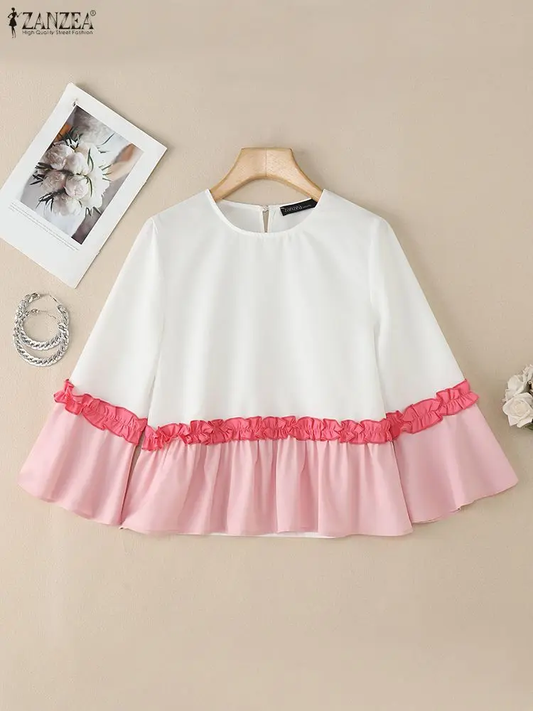 Elegant Ruffled Office Blouse ZANZEA Summer Women Tops Stylish 3/4 Flare Sleeve Work Shirt Patchwork Cropped Femme Tops Tunic