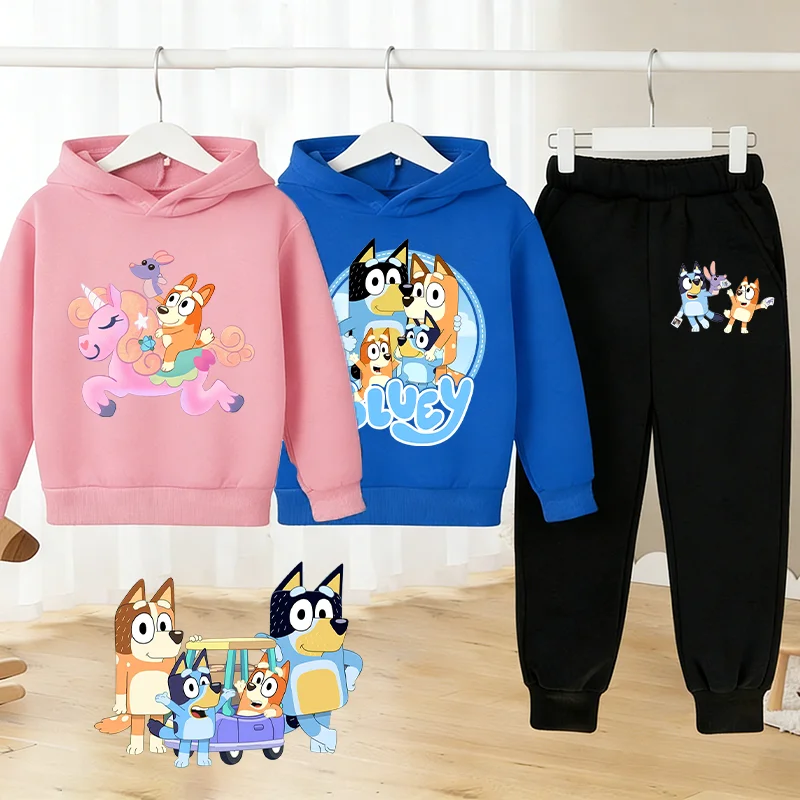 

Blueye Bingo Boy Girl Blue Pink Hoodie Sweatshirt Black Pants Clothes Cute Anime Kid Autumn Spring Warm Pullover Jacket 2pcs Set