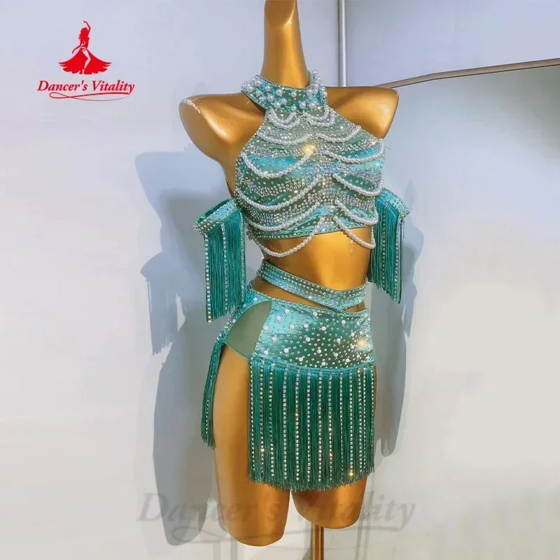 Latin Dance Performance Set Women Customized Exquisite Pearl Top+Tassel Short Skirt 2pcs Tango Samba Rumba Competition Outfit