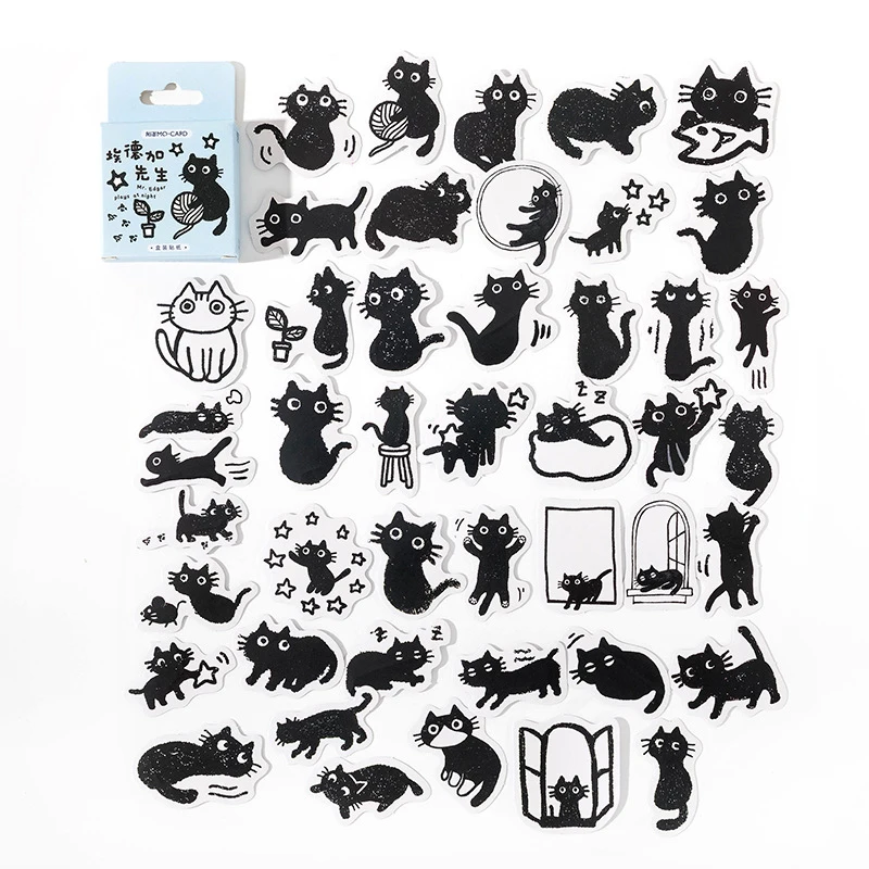 1box/45pcs Lazy Black Cat Stickers Cute Kitten Prints for Journal Kaka Card DIY Crafts
