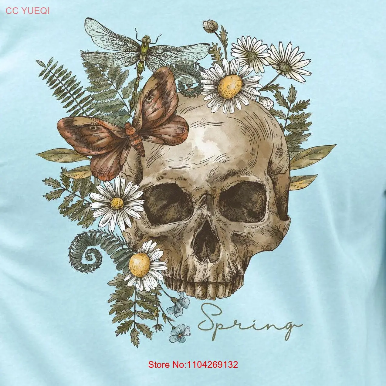 Spring Floral Skull and Moth T Shirt or for Halloween Nature Lover Goth Skeleton Fan Spooky Vernal Equinox