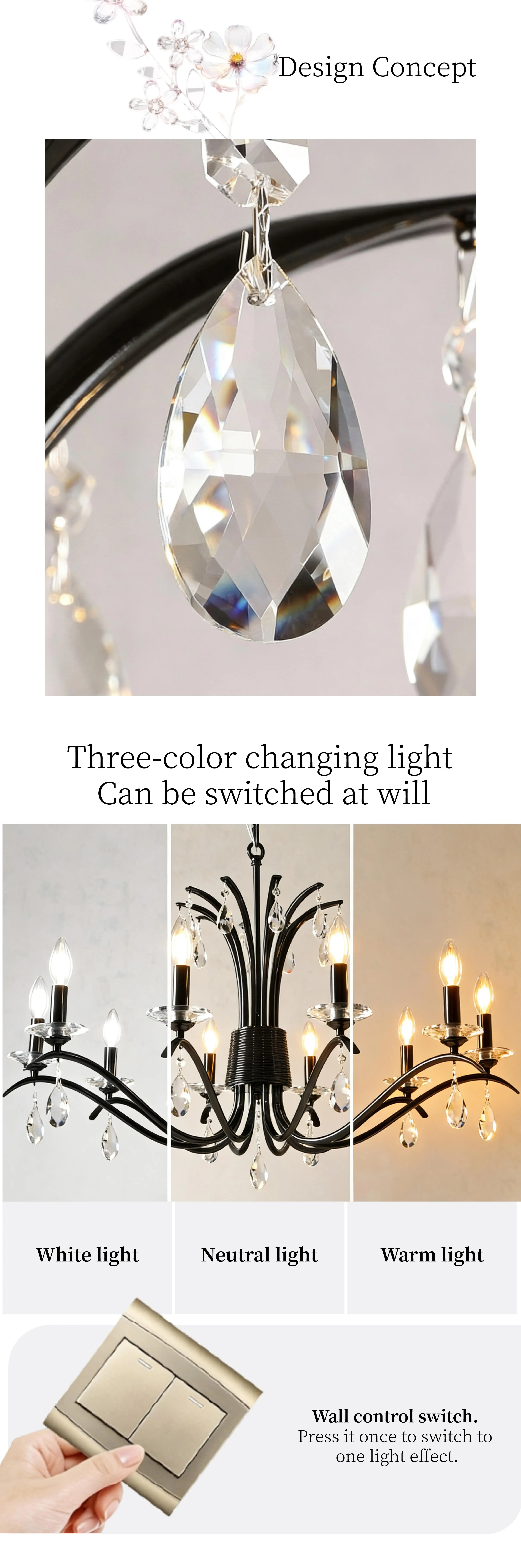 American Black E14 Candle LED Chandelier Retro