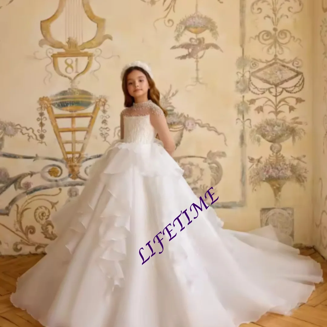 فساتين فتاة الزهور البيضاء المخصصة لحفلات الزفاف برقبة عالية مطرز بالخرز وكشكشة أول مناولة لحفلات أعياد ميلاد الفتيات الصغيرات #5