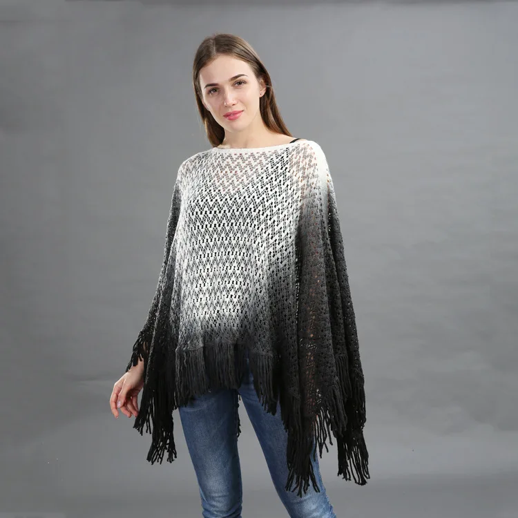 

Spring Autumn New Double-layer Irregular Shawl Hollowed Out Tassel Lattice Cloak Versatile Loose Pullover Poncho Black