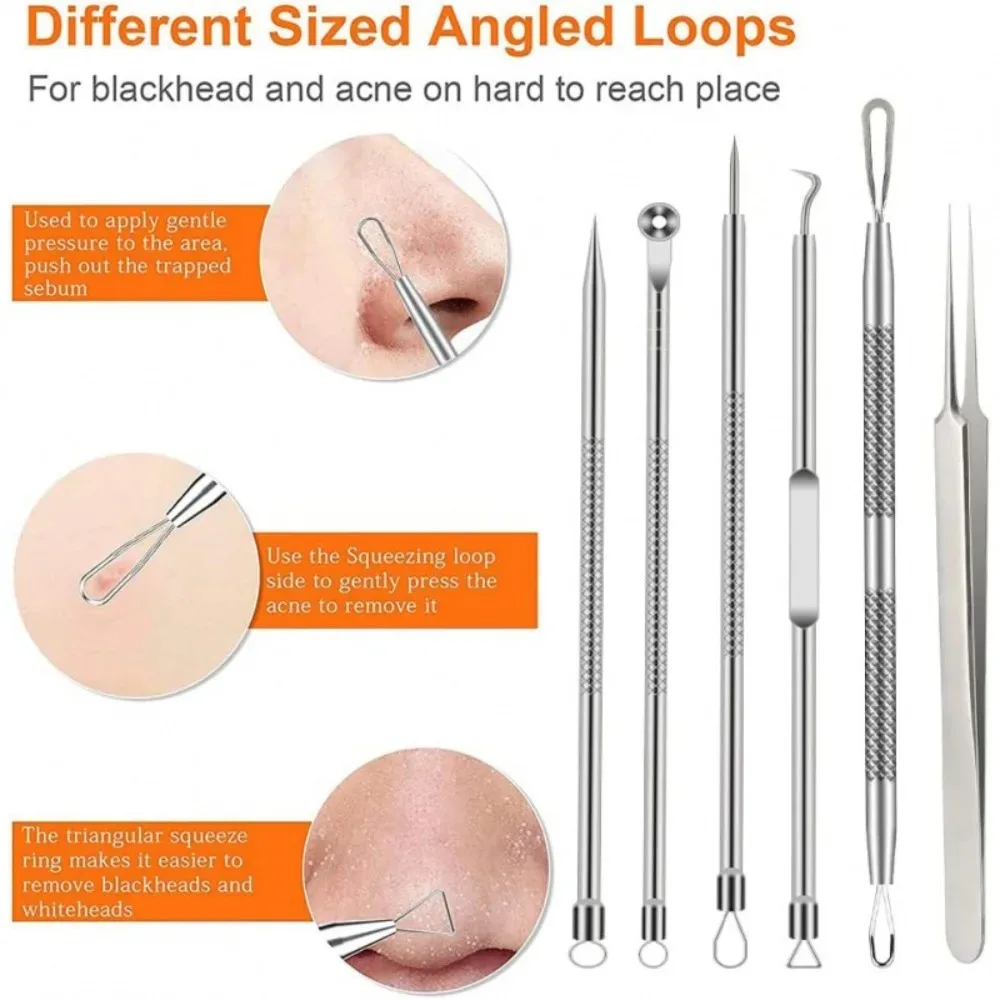 ​6Pcs Stainless Steel Blackhead Remover Tools Comedone Extractor Tweezers Kit for Acne Blemish Facial Skin Care Precision Set​