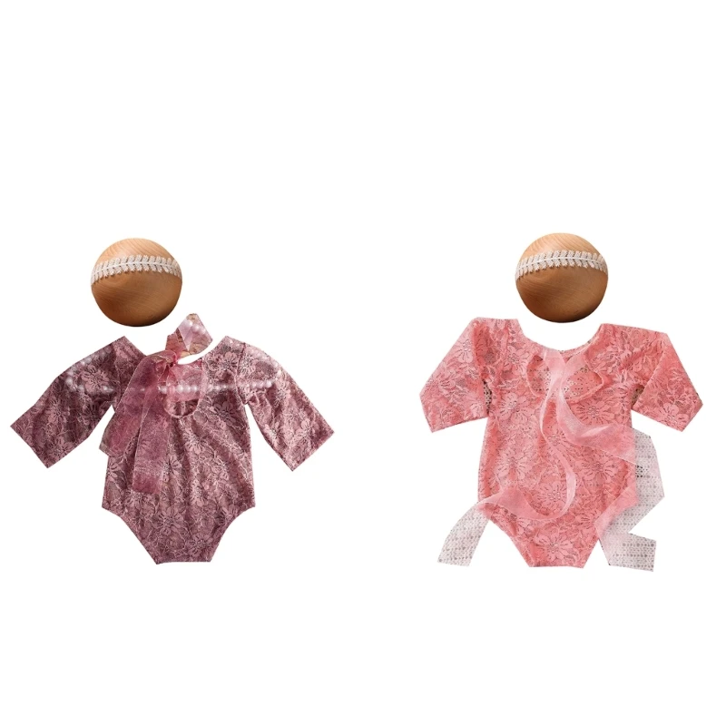 1 set babyfotografiekleding kanten romper bodysuit en hoofddeksel douchecadeau foto rekwisieten voor pasgeborenen 0-1 maand