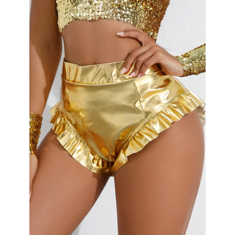 High Waist Ruffles Sexy Bronzing Casual Shorts Bar Pole Dance Performance Wear