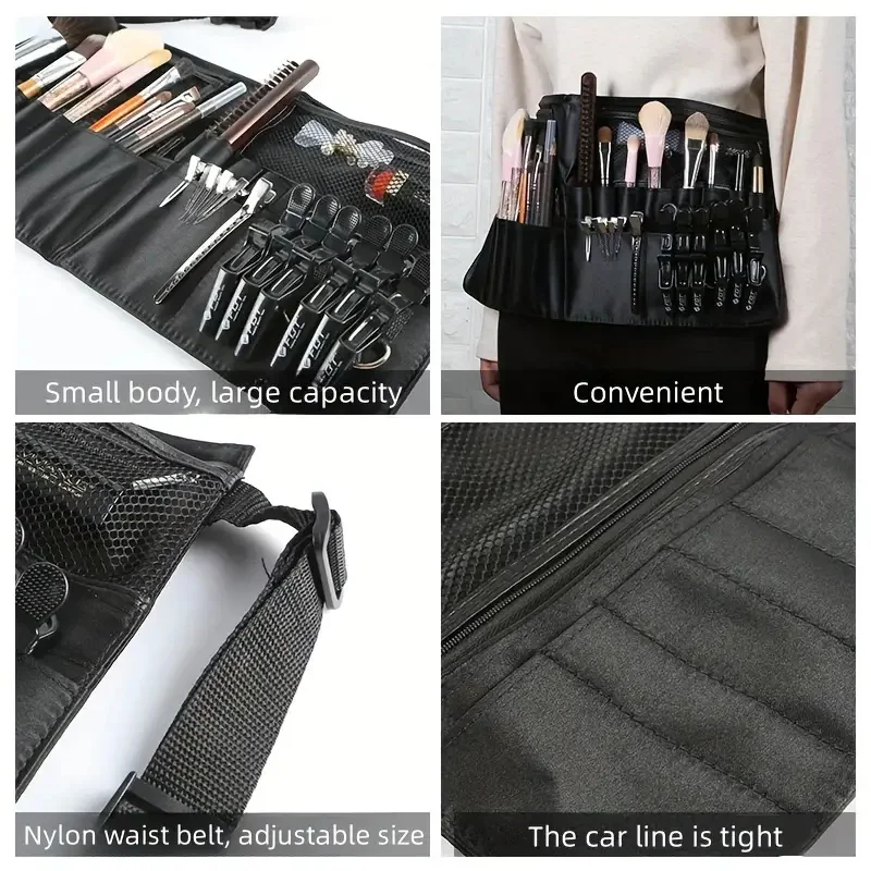 メイクブラシ収納袋プロフェッショナルブラックアーティストメイクブラシウエストバッグマルチポケットエプロンポーチ調節可能なベルトストラップ付き