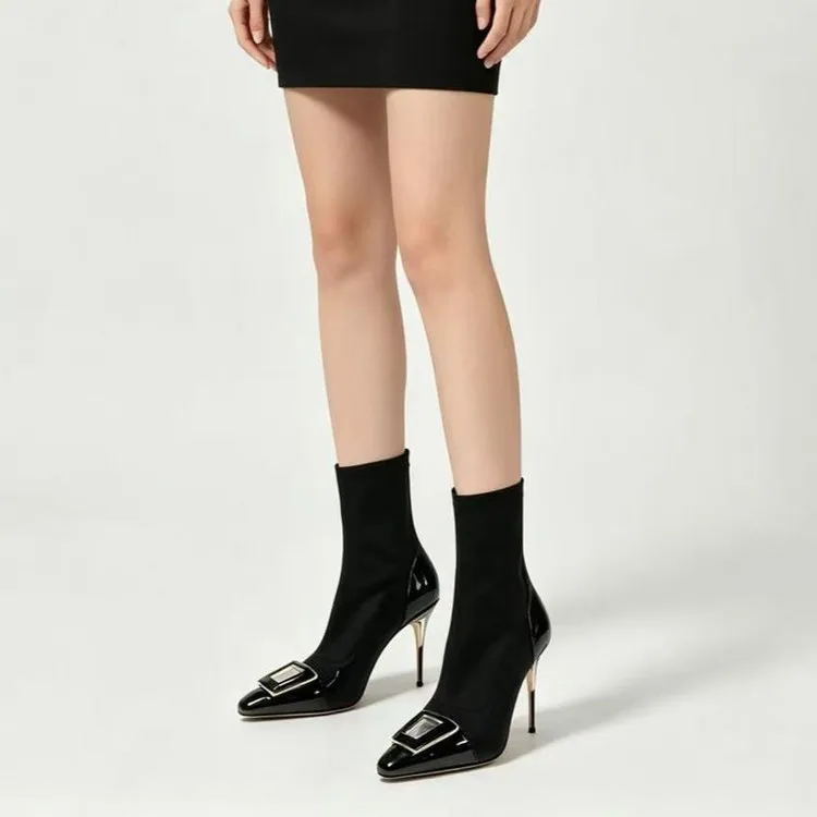 New Spring/Autumn Women Black Patchwork Ankle Boots Square Buckle Pointed Toe Metal Stiletto Back Zip Elegant Office Dress Boots