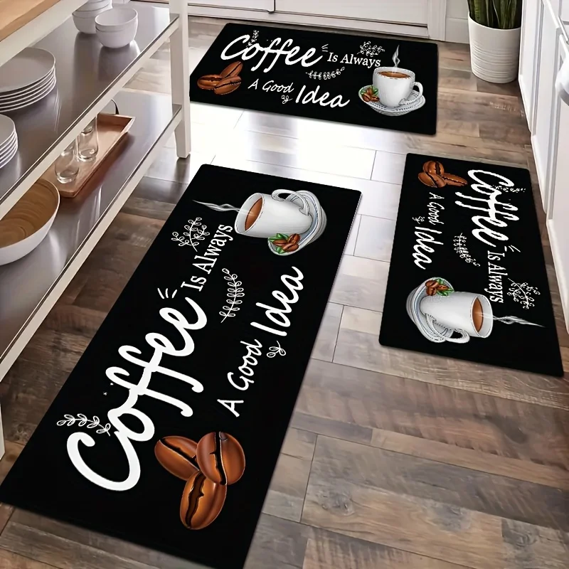 1 Style of Coffee-Themed Mat, Featuring Coffee Beans, Coffee Cup Patterns, And Decorative Leaves, with a Easy And Warm Style,