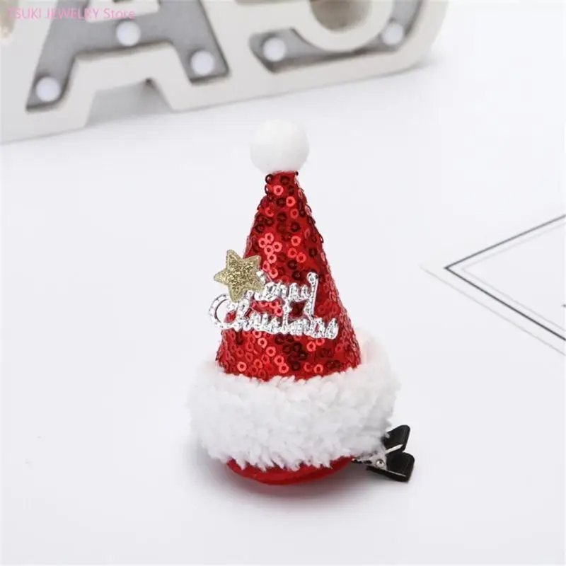 62KE Christmas Hat Hair Clip Plush Fascinator Hat Santa Hat Hairpin Headpiece Christmas Hat hairpin Santa Cosplays