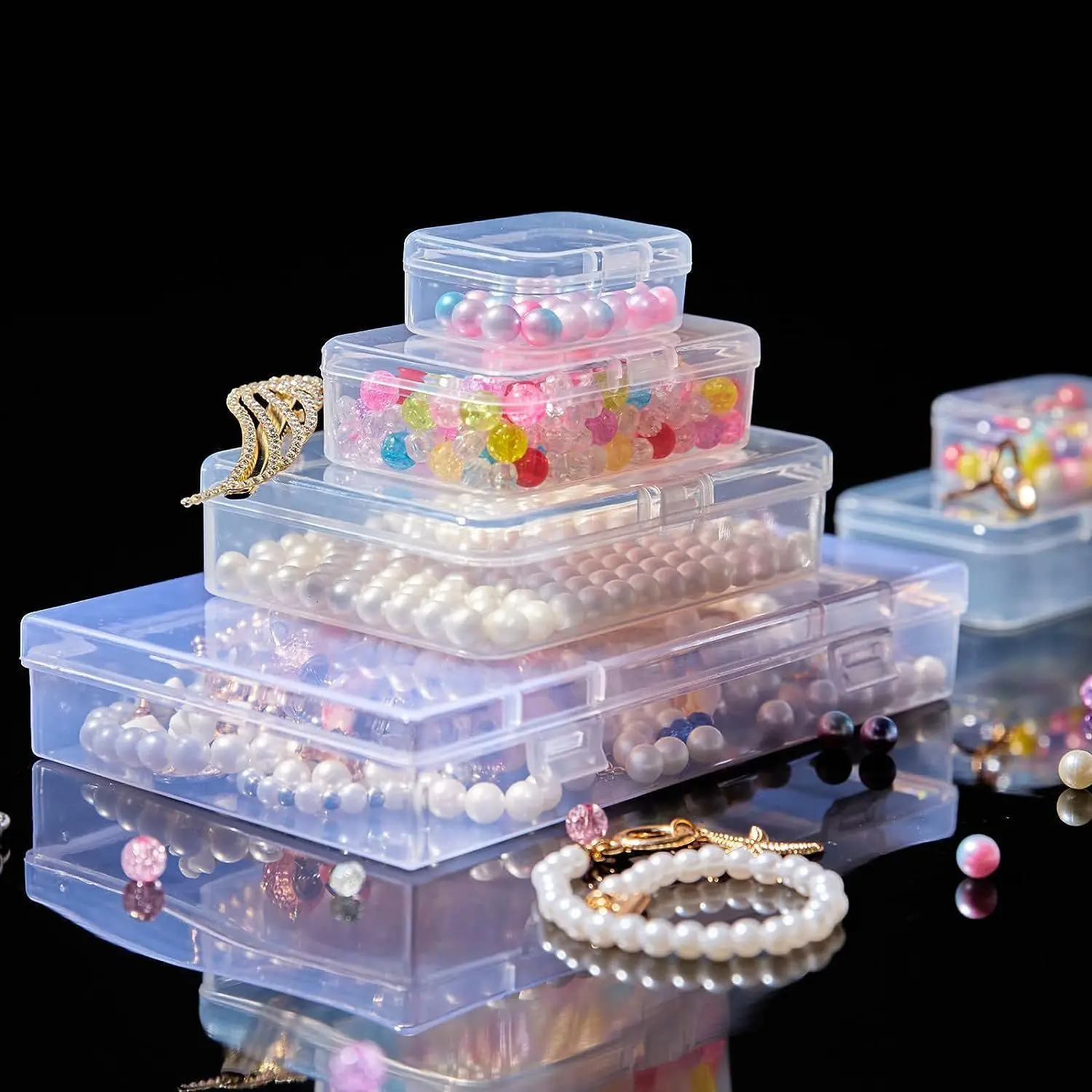 24 Pieces Mixed Sizes Rectangular Empty Mini Clear Plastic Organizer Storage Box Containers with Hinged Lids for Small Items pla