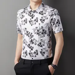 True Pocket Summer Men Short Sleeved Ice Shreds Slim Large Size Casual Half Sleeve Printing Tops Middle Age Thin Style Shirt