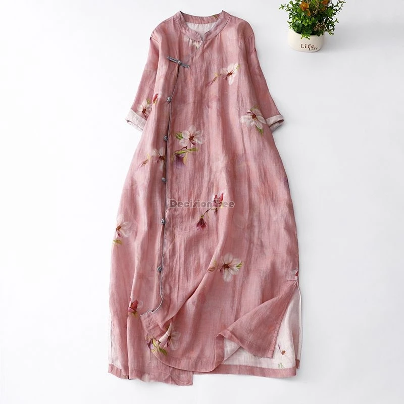 

Улучшенное китайское платье ханьфу в стиле ретро 2021, платье Cheongsam из хлопка и льна с принтом дзен, чай с половиной рукавом, свободное женское Ципао