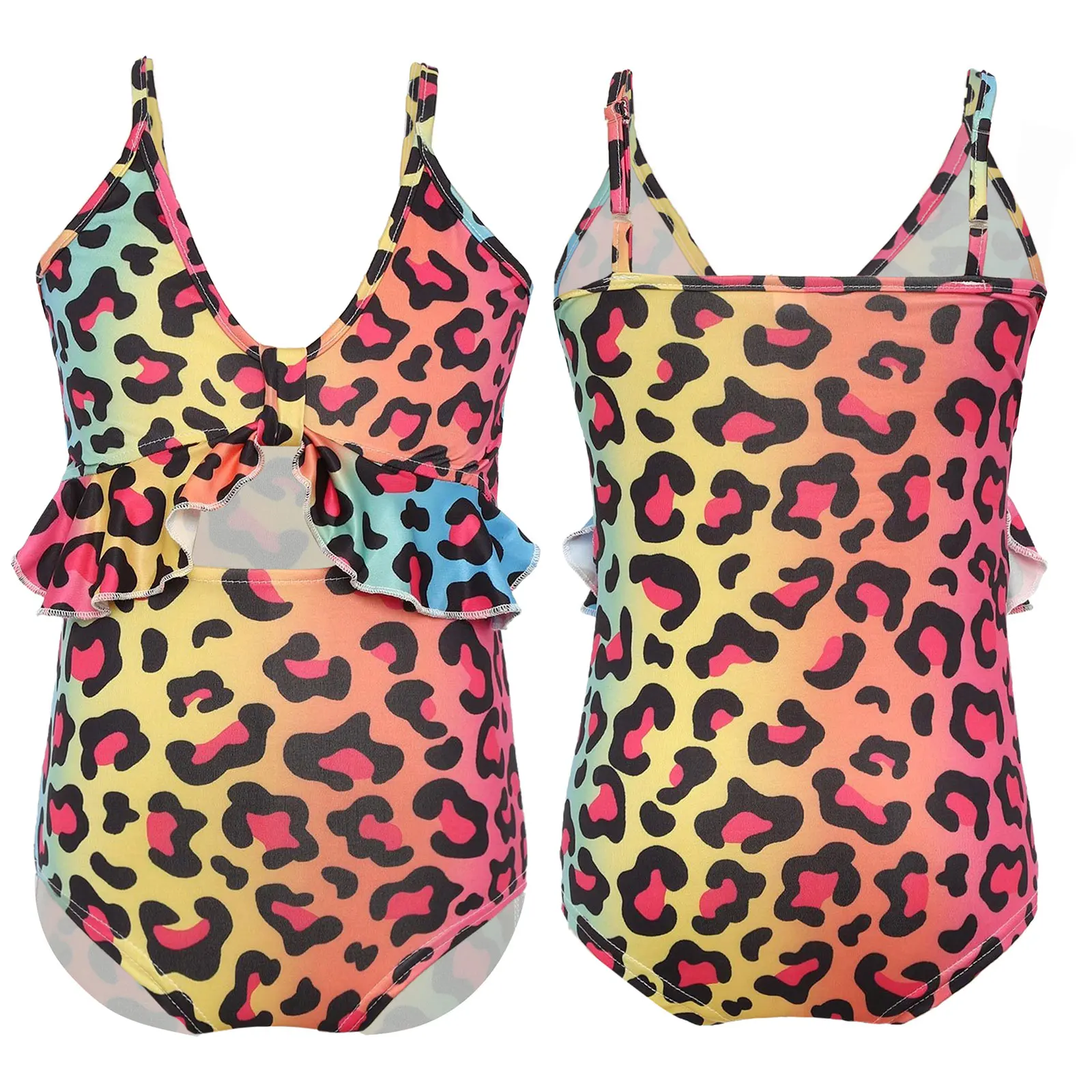 

Kids Girls Summer One Piece Swimsuit Spaghetti Straps Front Cut Out Ruffle Jumpsuit Swimwear Leopard Print Beach Bathing Suit