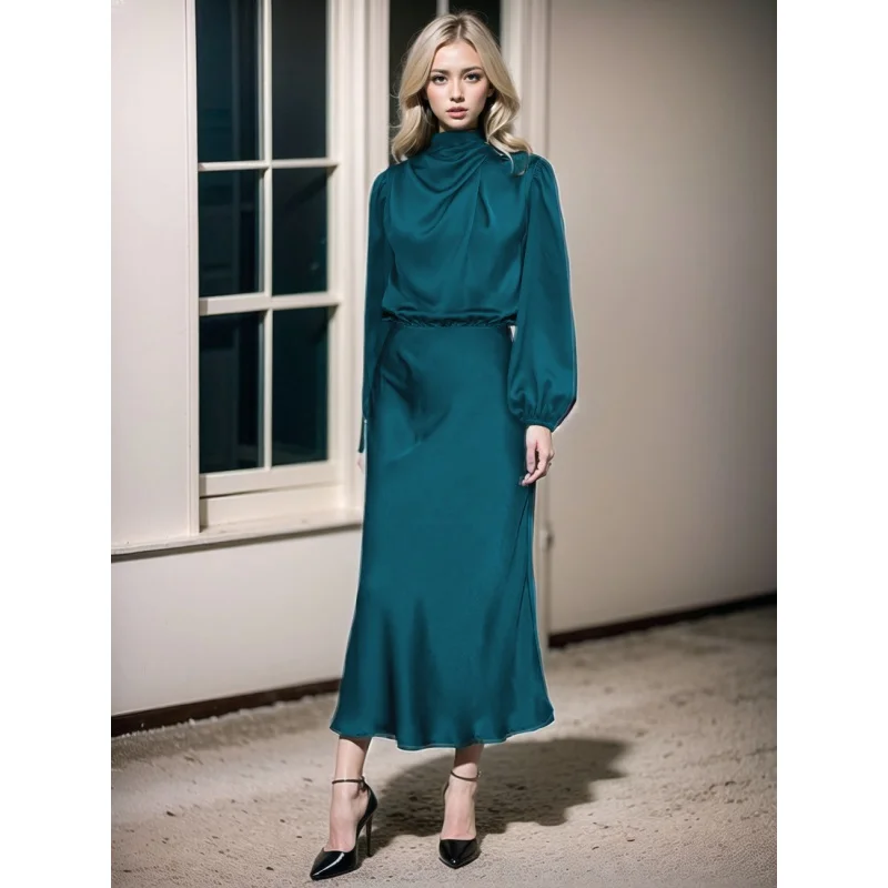 Women's Satin Long Sleeve Loose Dress, Elegant Women's Clothing, Evening Skirt, High-Grade Sense, Autumn, New, 2022