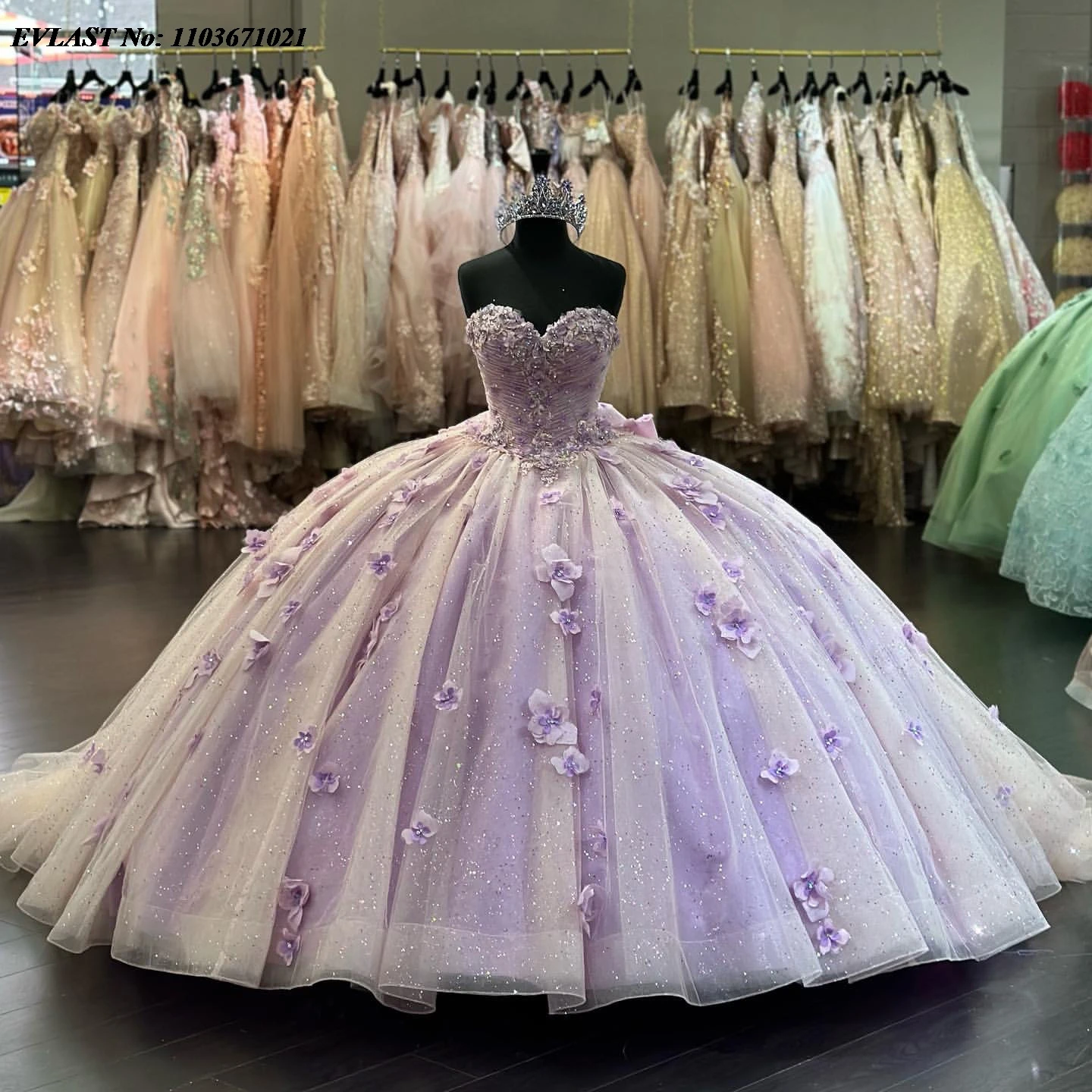 EVLAST 멕시코 라일락 볼 가운, Quinceanera 원피스 꽃 아플리케 구슬 장식, 케이프 코르셋, 스위트 16 Vestidos De XV Anos SQ339