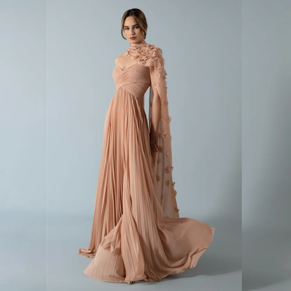 

Customized Simple Chiffon Flower Pleat A-line Spaghetti Strap Long Dresses Bespoke Occasion High Quality