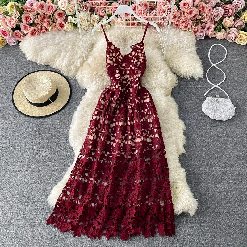 Red Lace Dress Women Hook Flower Hollow Spaghetti Strapped Bodycon Dresses Sexy Luxury Clothing Elegant Party Vestido Summer