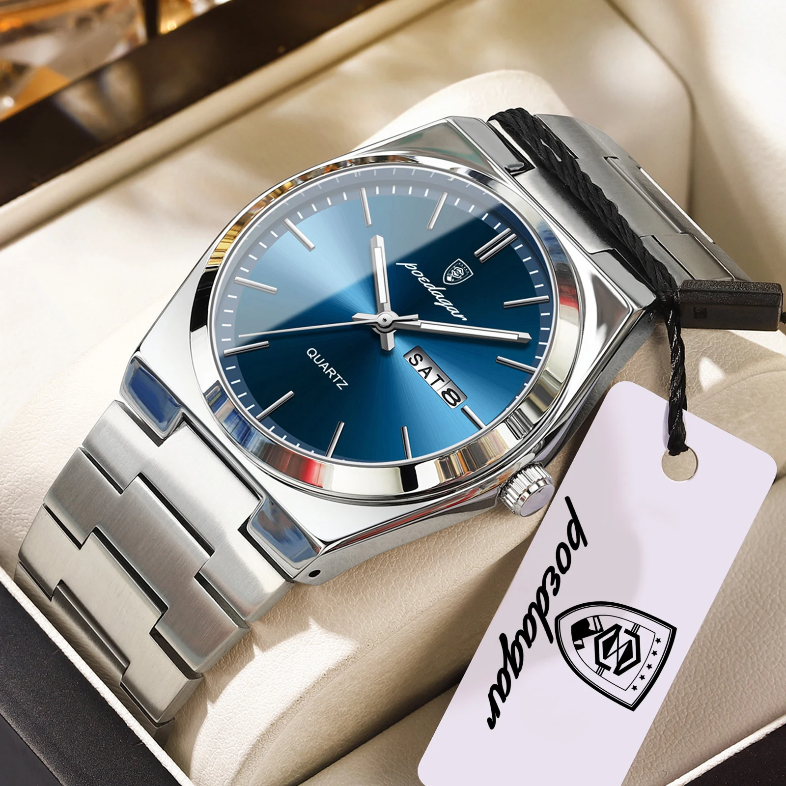 POEDAGAR Luxusuhren für Herren, Edelstahl, wasserdicht, leuchtend, Herrenuhr mit Datum und Wochentag, modische, lässige Quarzuhr für Herren, Reloj