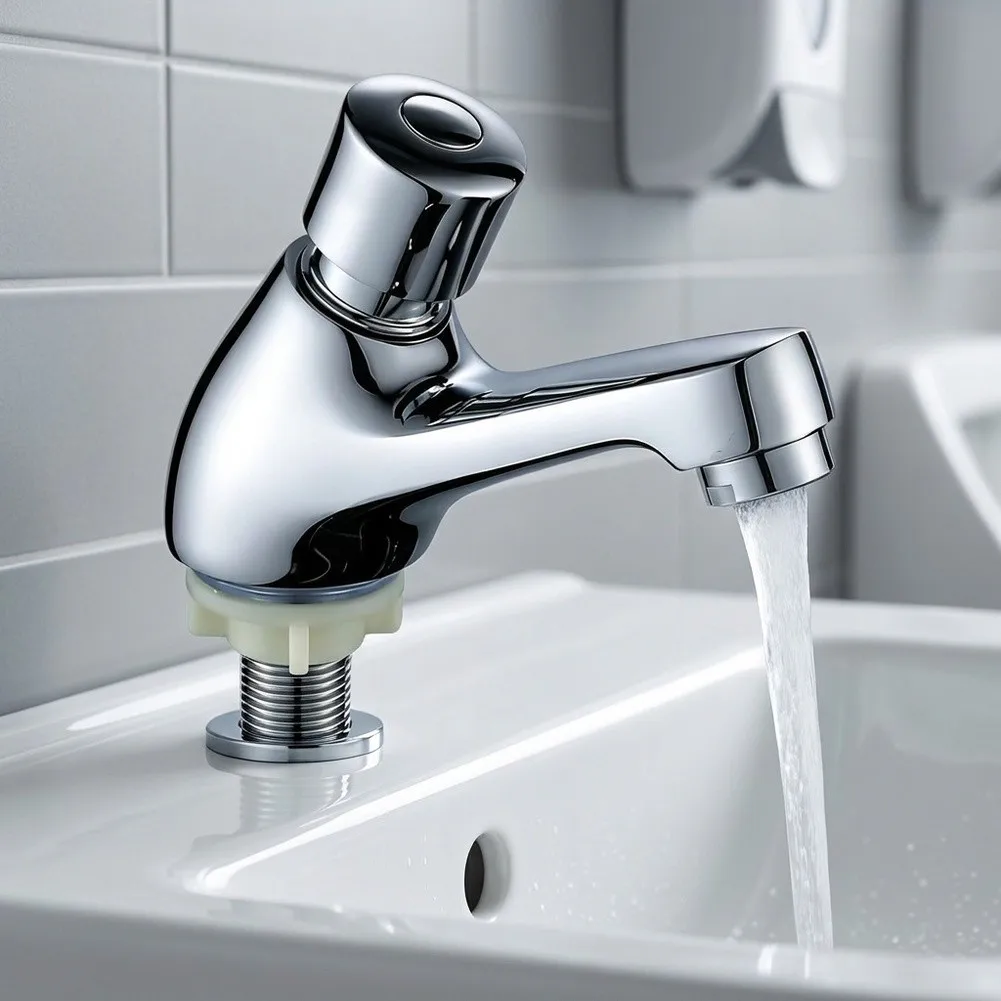 1 Piece Push Tap Basin Faucet Chrome Plated Brass Delayed Closing Water Saving For Public Bathroom Kitchen Sink Accessories