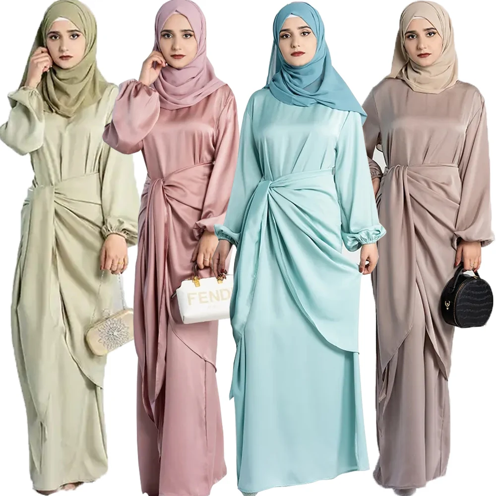 

2 Pieces Matching Muslim Sets Eid Satin Abayas for Women Dubai Hijab Dress Abaya Islamic Outfit Wrap Front Maxi Dress Ramadan