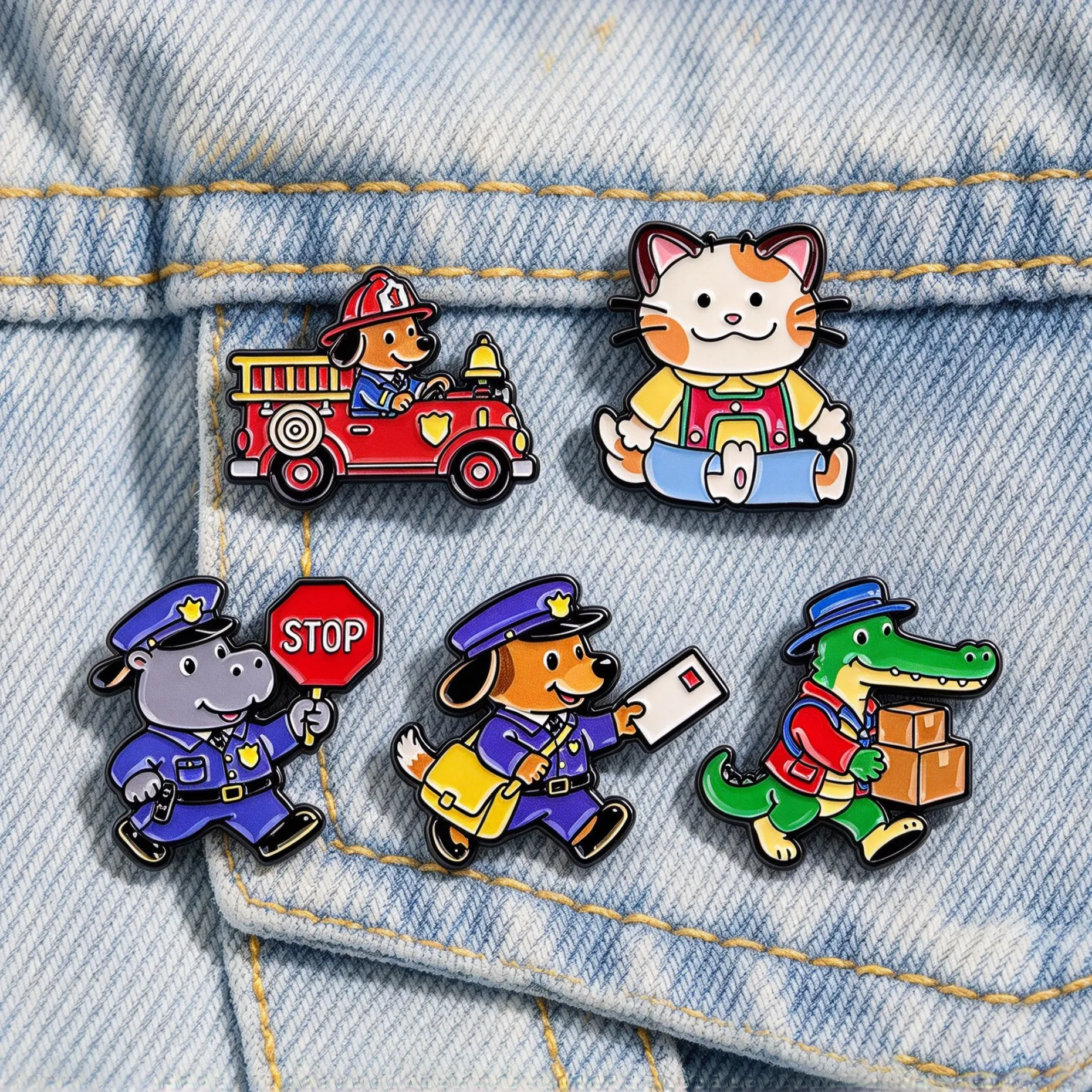Cute Animal Career Enamel Pins Firefighter Dog Police Hippo Dog Crocodile Delivery Cat Brooch Worker Lapel Badge for Backpack
